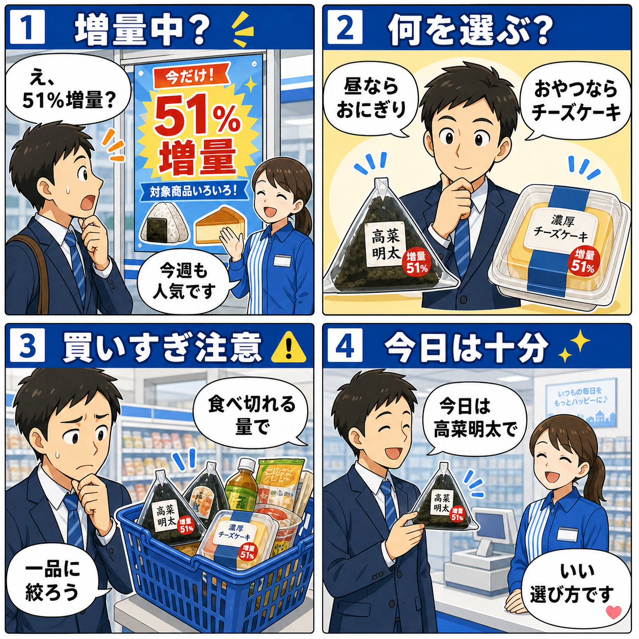 ローソン増量キャンペーンの選び方を家族で話す4コマ漫画