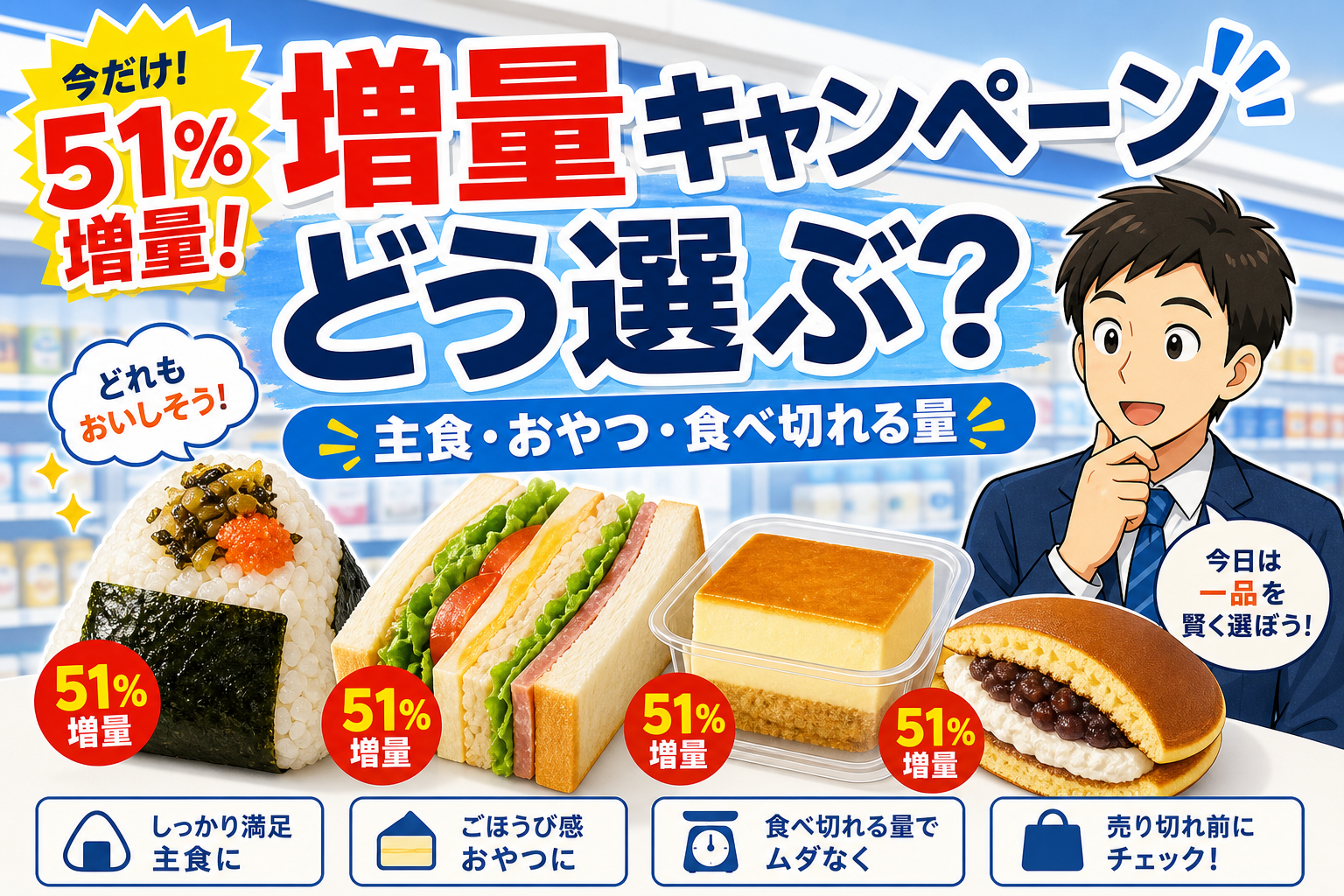 ローソン増量キャンペーンの主食とスイーツの選び方を表したアイキャッチ画像