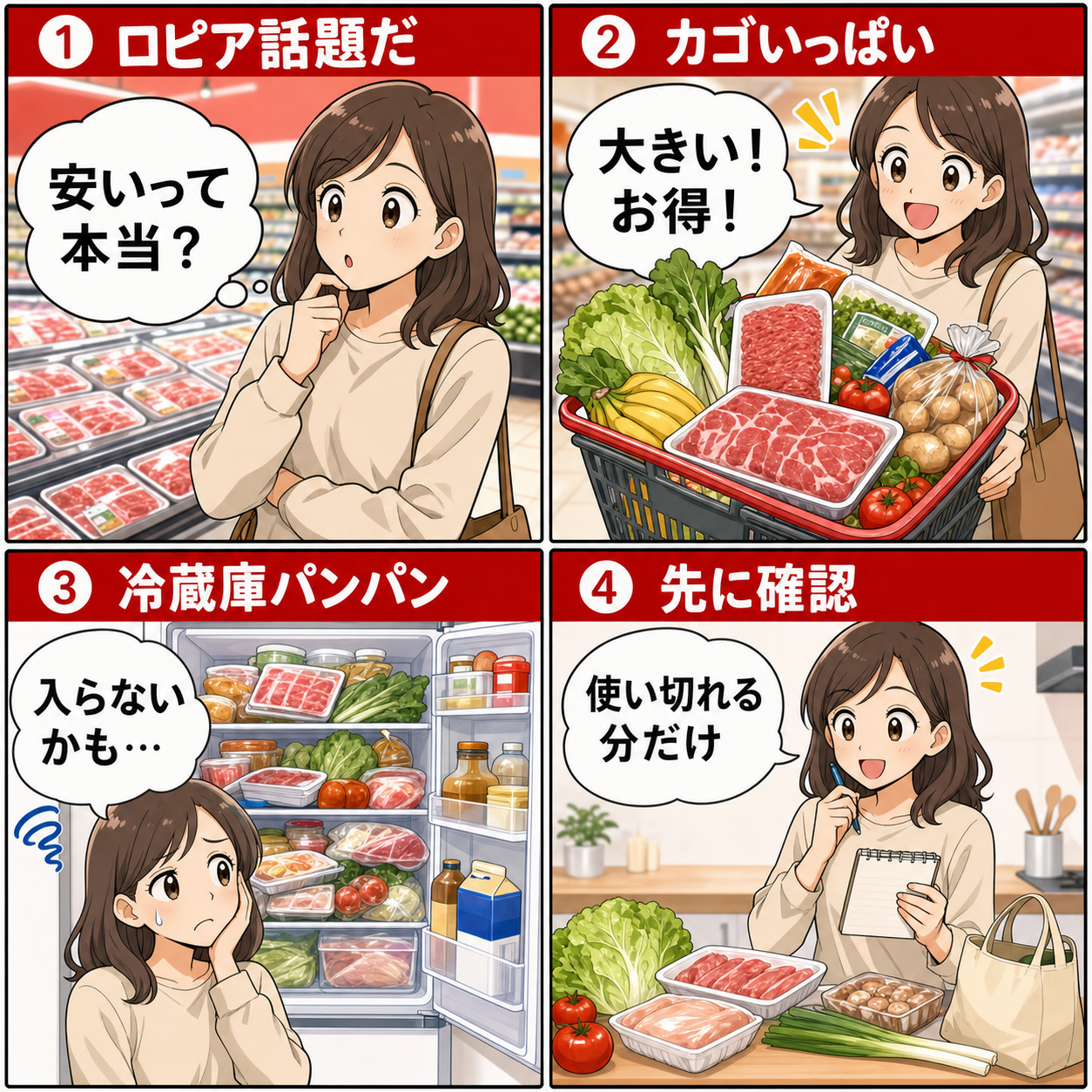 ロピアのまとめ買いで買いすぎに気づく4コマ漫画