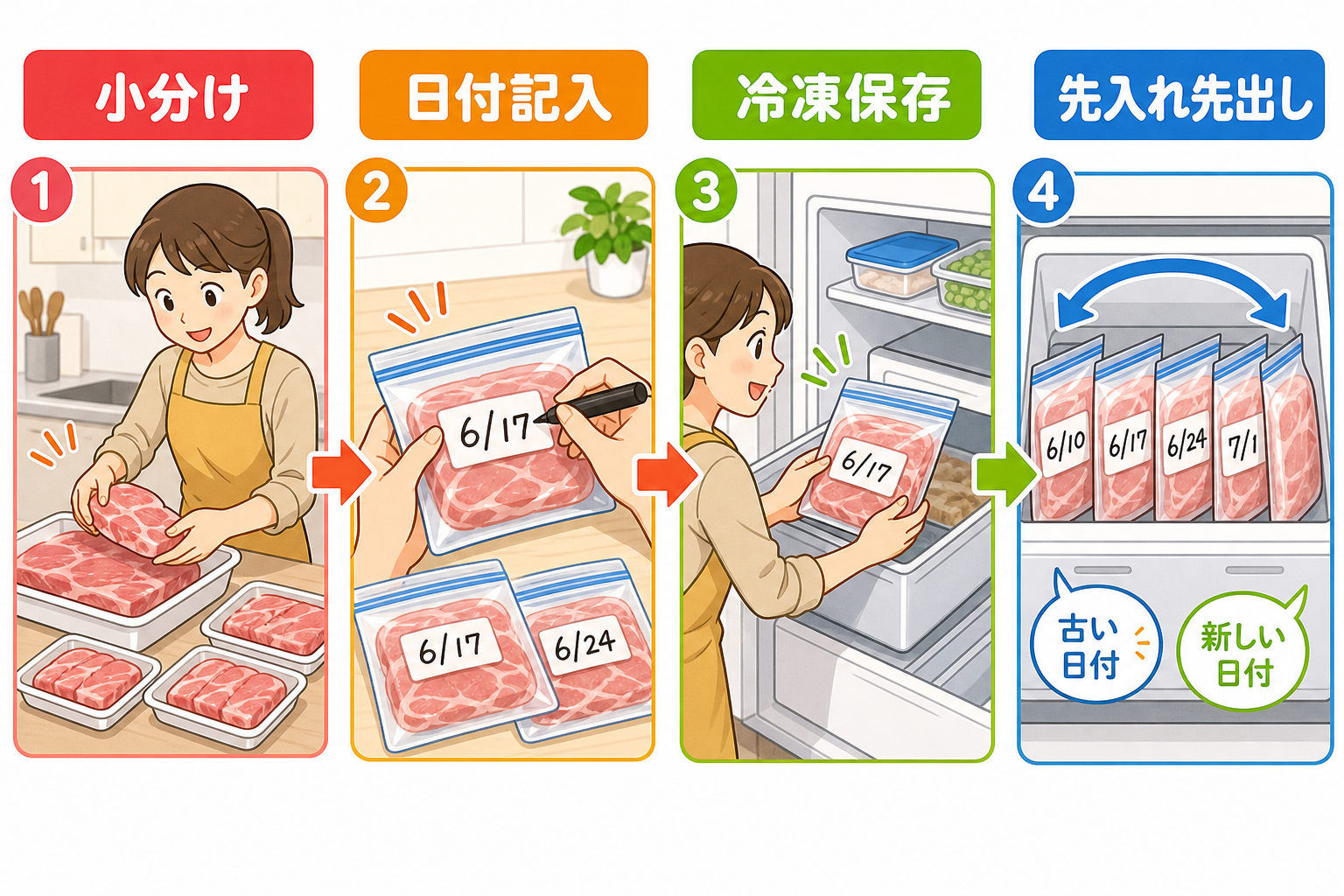 買った食材を小分け、日付記入、先入れ先出しで管理する保存フロー図