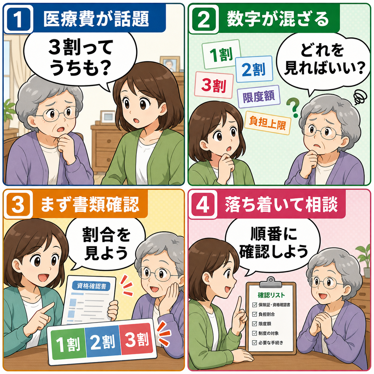 75歳以上の医療費3割負担の確認ポイントを整理した4コマ漫画