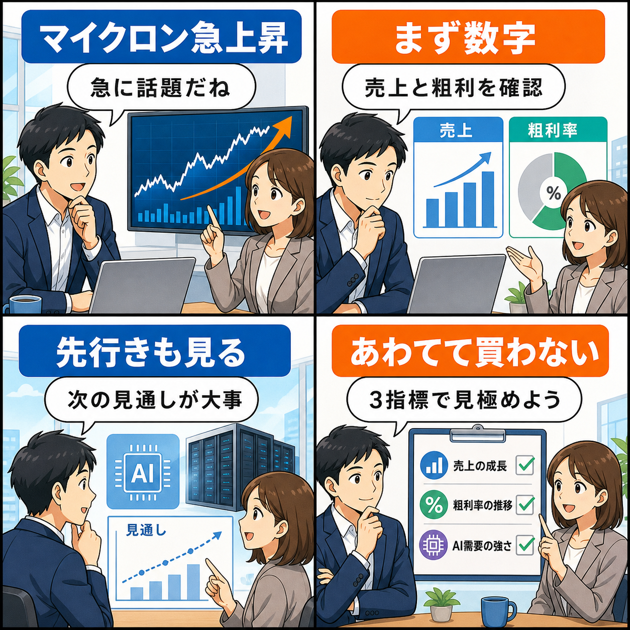 マイクロン決算とAI半導体相場を落ち着いて確認する会社員の4コマ漫画