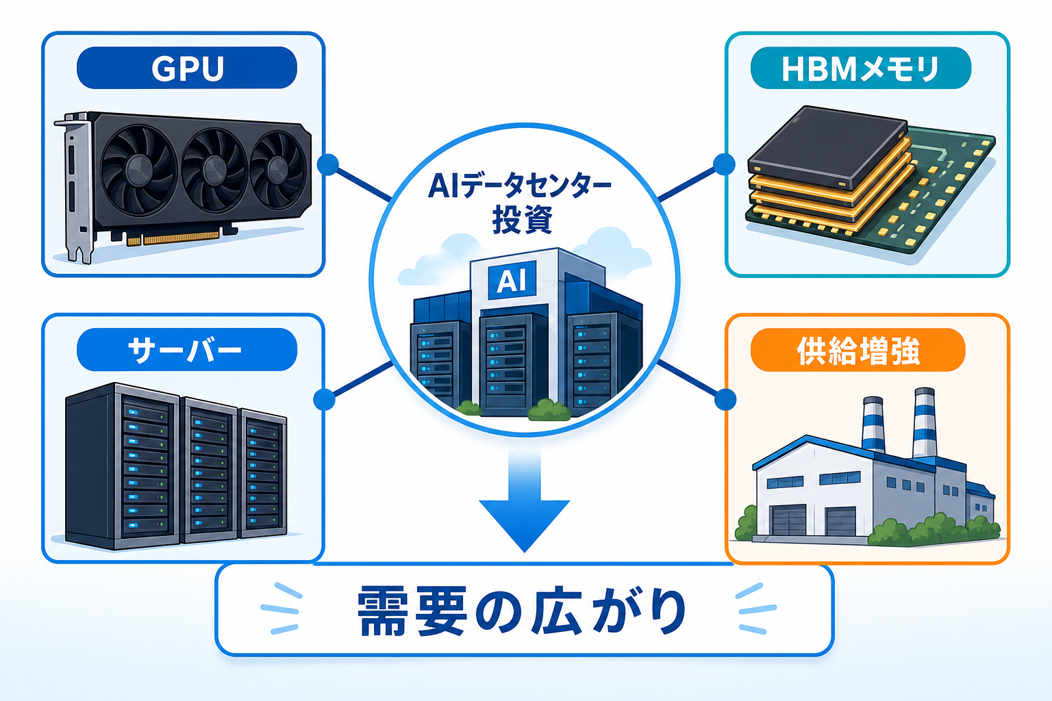 AIデータセンター投資がGPUとメモリと設備増強に広がる流れを示す図