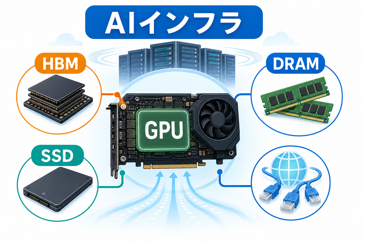 HBMとDRAMとSSDがGPUのまわりで役割分担しAIインフラを支えるイメージ図