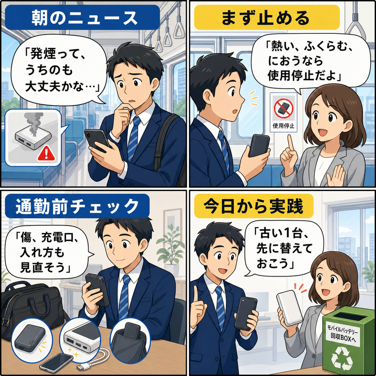 通勤中のモバイルバッテリー安全確認をテーマにした4コマ漫画