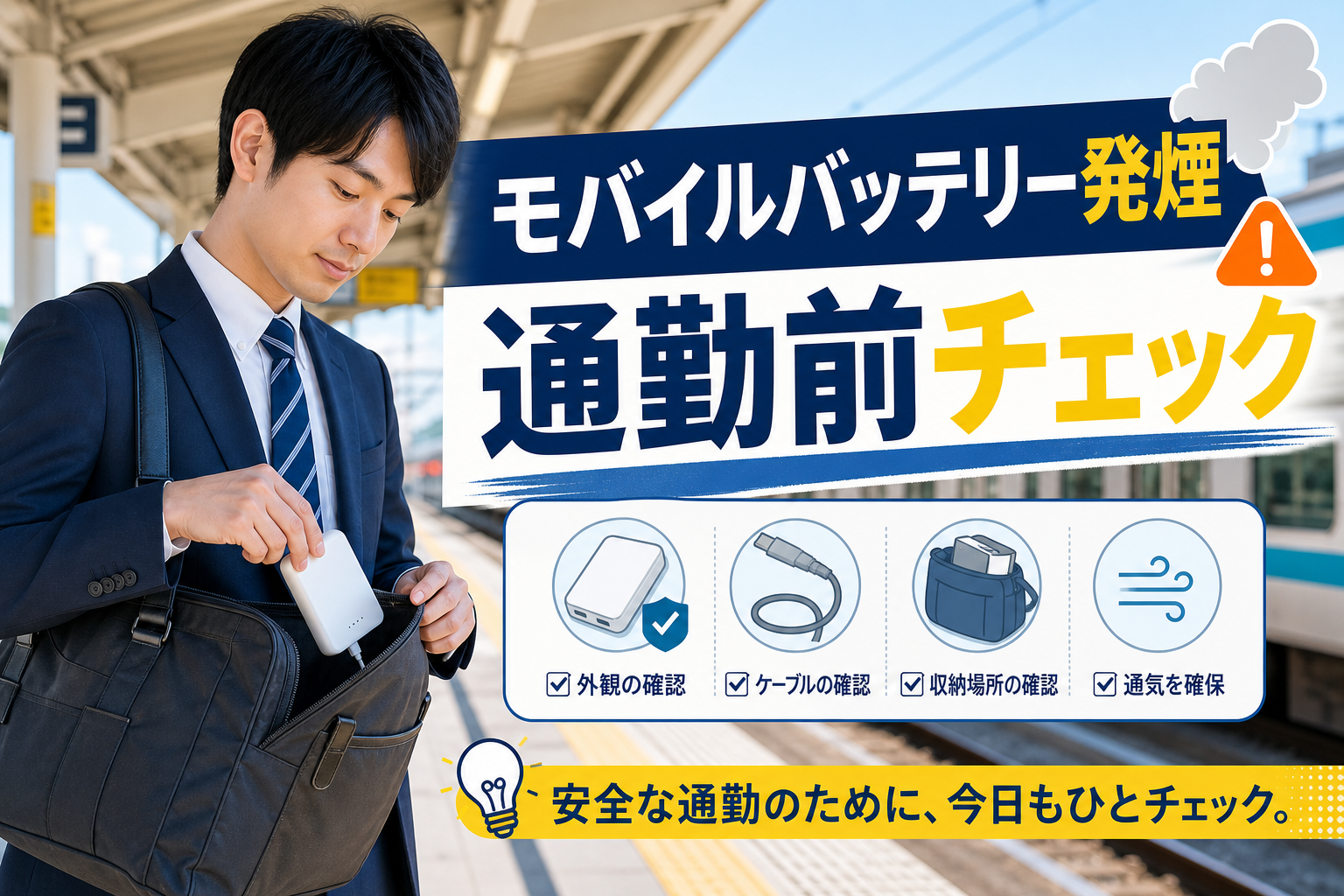 モバイルバッテリーの安全確認を表す通勤向けアイキャッチ