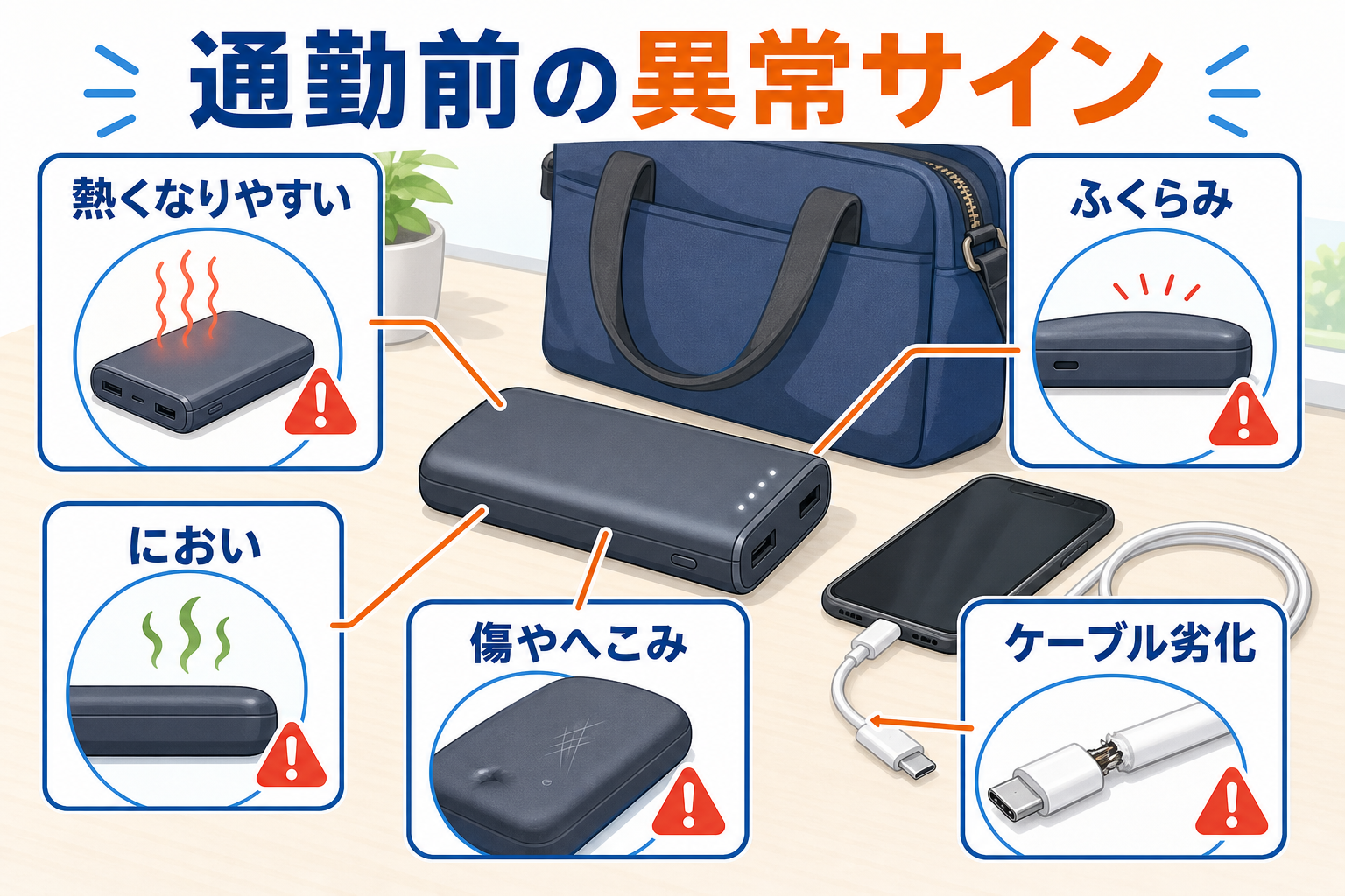 通勤前に確認したいモバイルバッテリー異常サインのチェック図