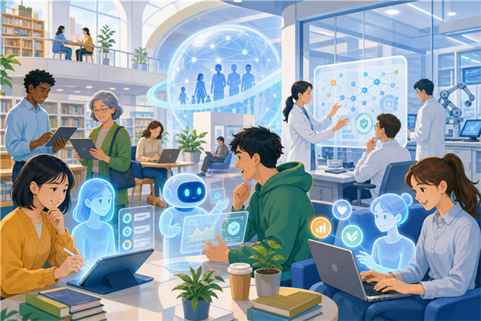 個人AGIとAI研究を学ぶ人々の明るいイラスト