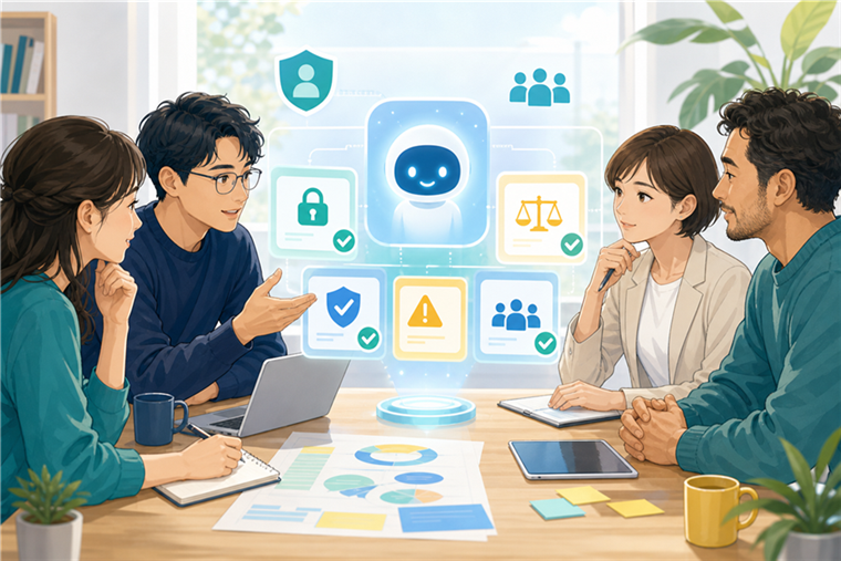 AI利用時の安全確認と人間の監督を話し合う会議のイラスト
