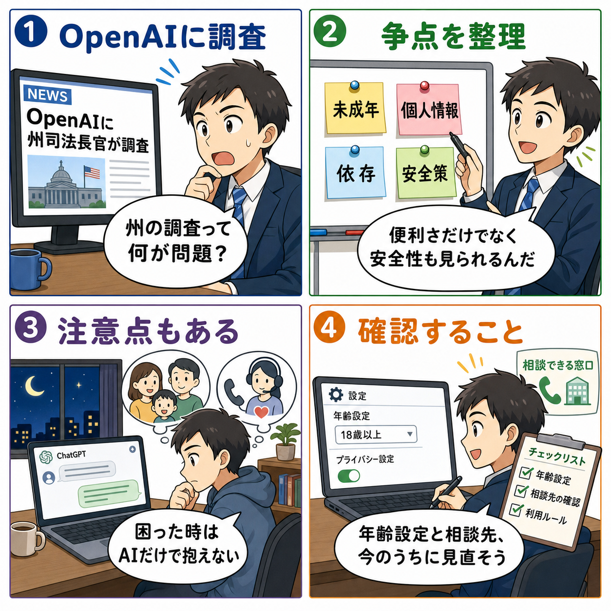 OpenAIへの州司法長官調査をテーマにした4コマ漫画