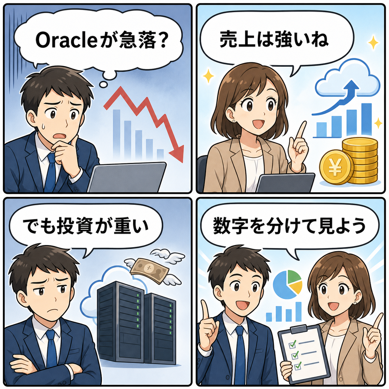 Oracle決算とAI投資の見方を説明する4コマ漫画