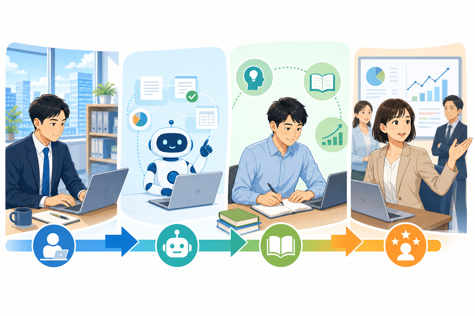 AI導入から学び直しと新しい役割への流れを示す図解