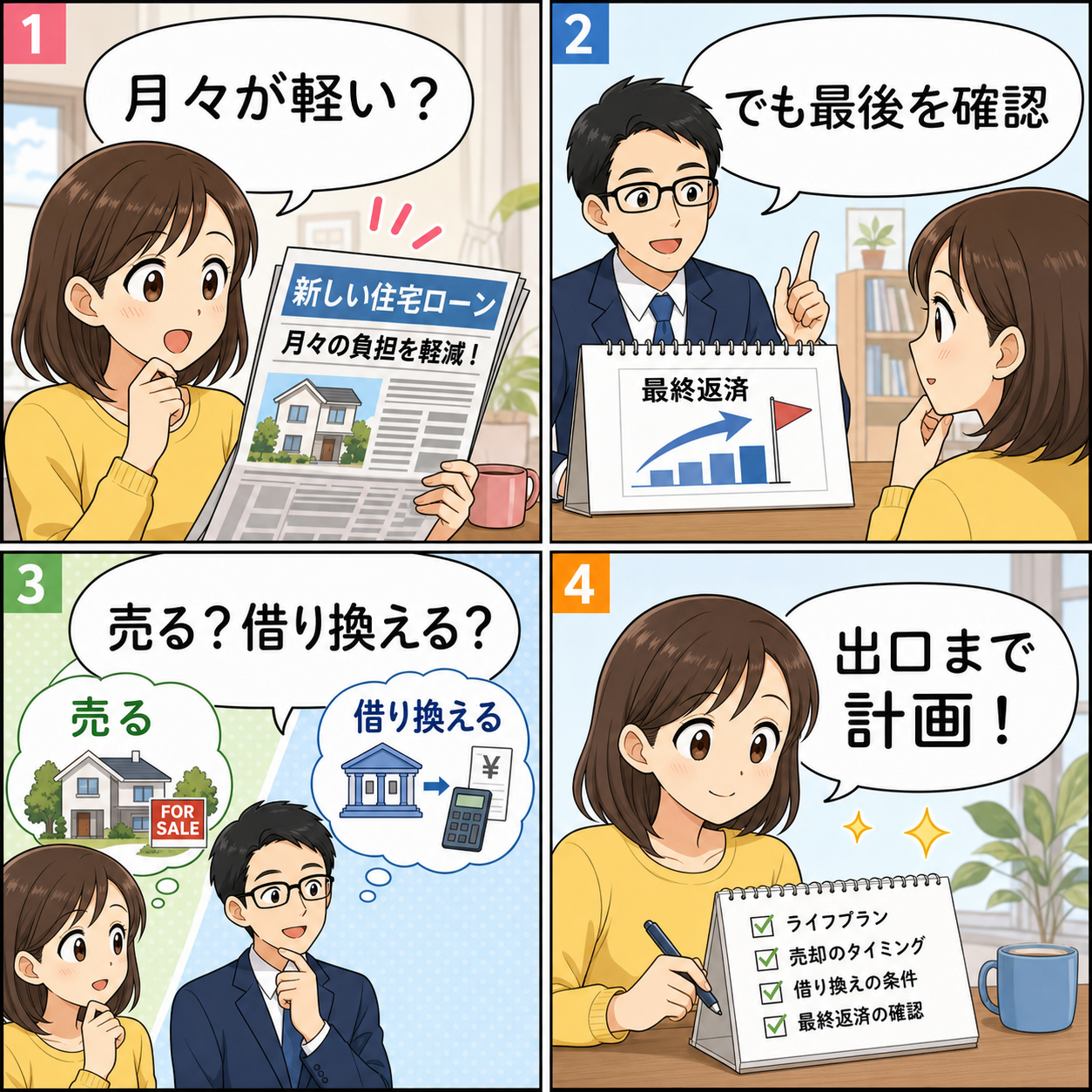 新住宅ローンでは月々の軽さと満了時の返済計画を確認する4コマ漫画