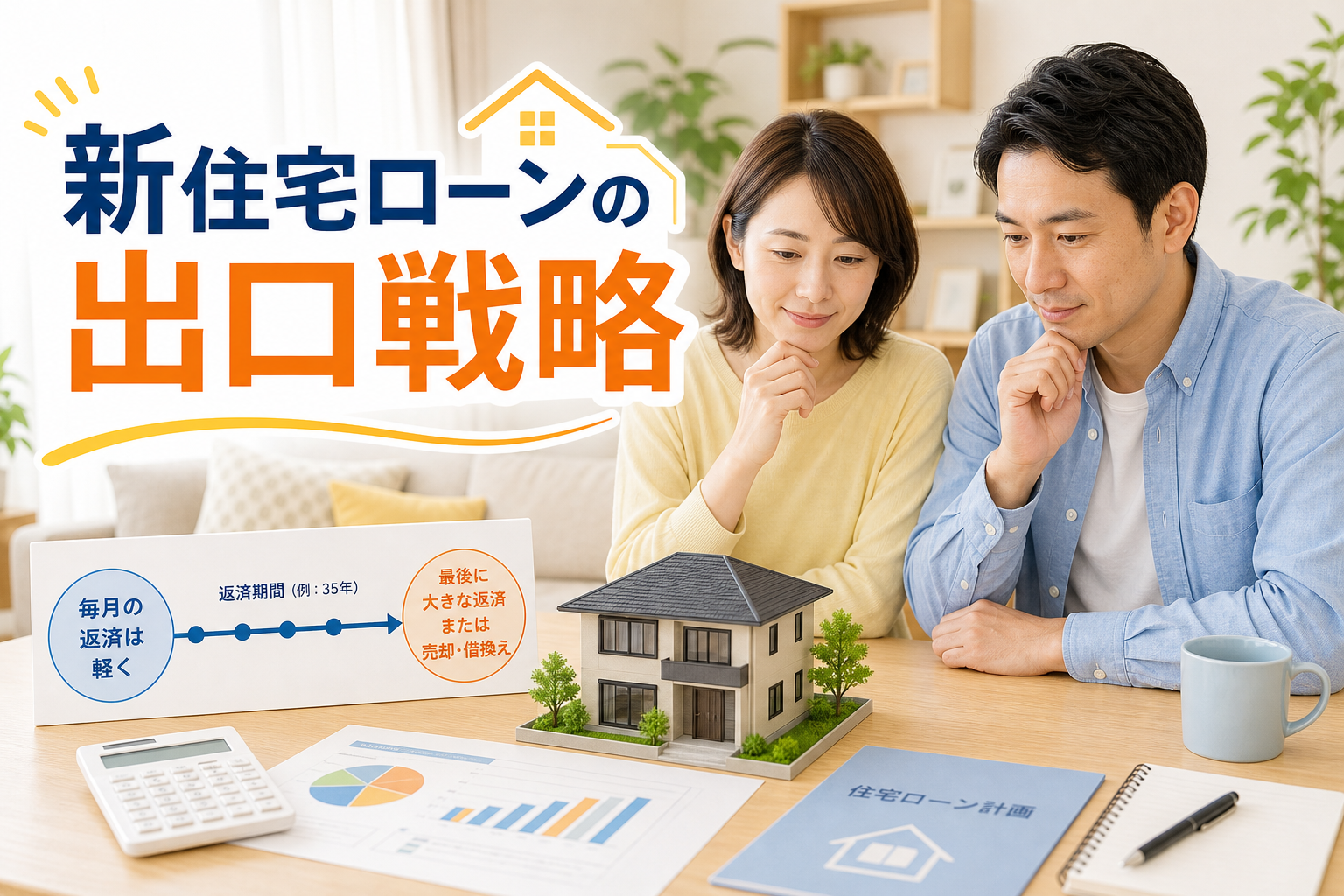 住宅ローンの出口戦略を確認する夫婦と家計資料