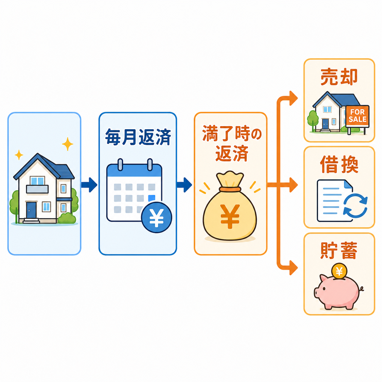 毎月返済と満了時返済、売却・借換・貯蓄の出口を示す図
