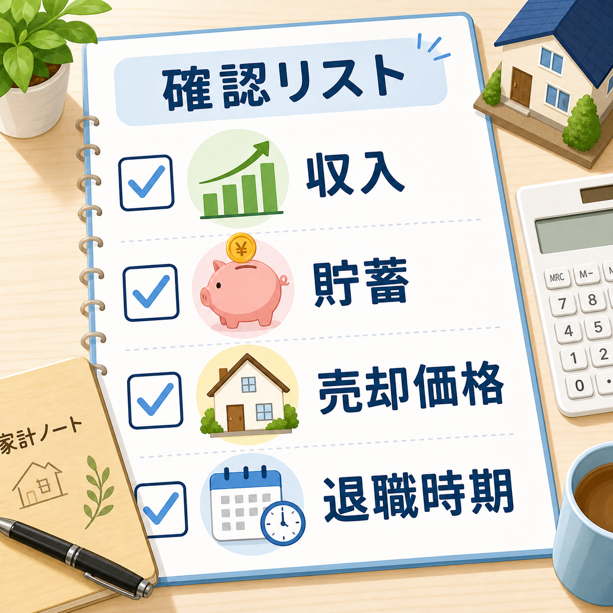 収入・貯蓄・売却価格・退職時期を確認する住宅ローン検討リスト