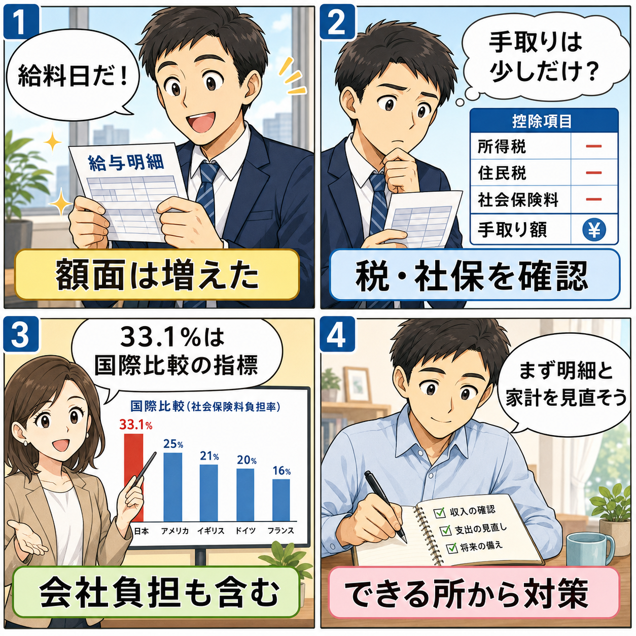 給与明細と税負担を確認する単身会社員の4コマ漫画