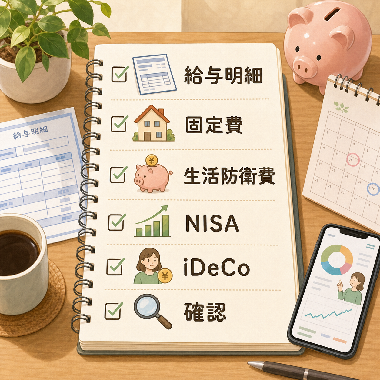 手取りを守るために給与明細、固定費、生活防衛費、NISA、iDeCoを確認するチェックリスト