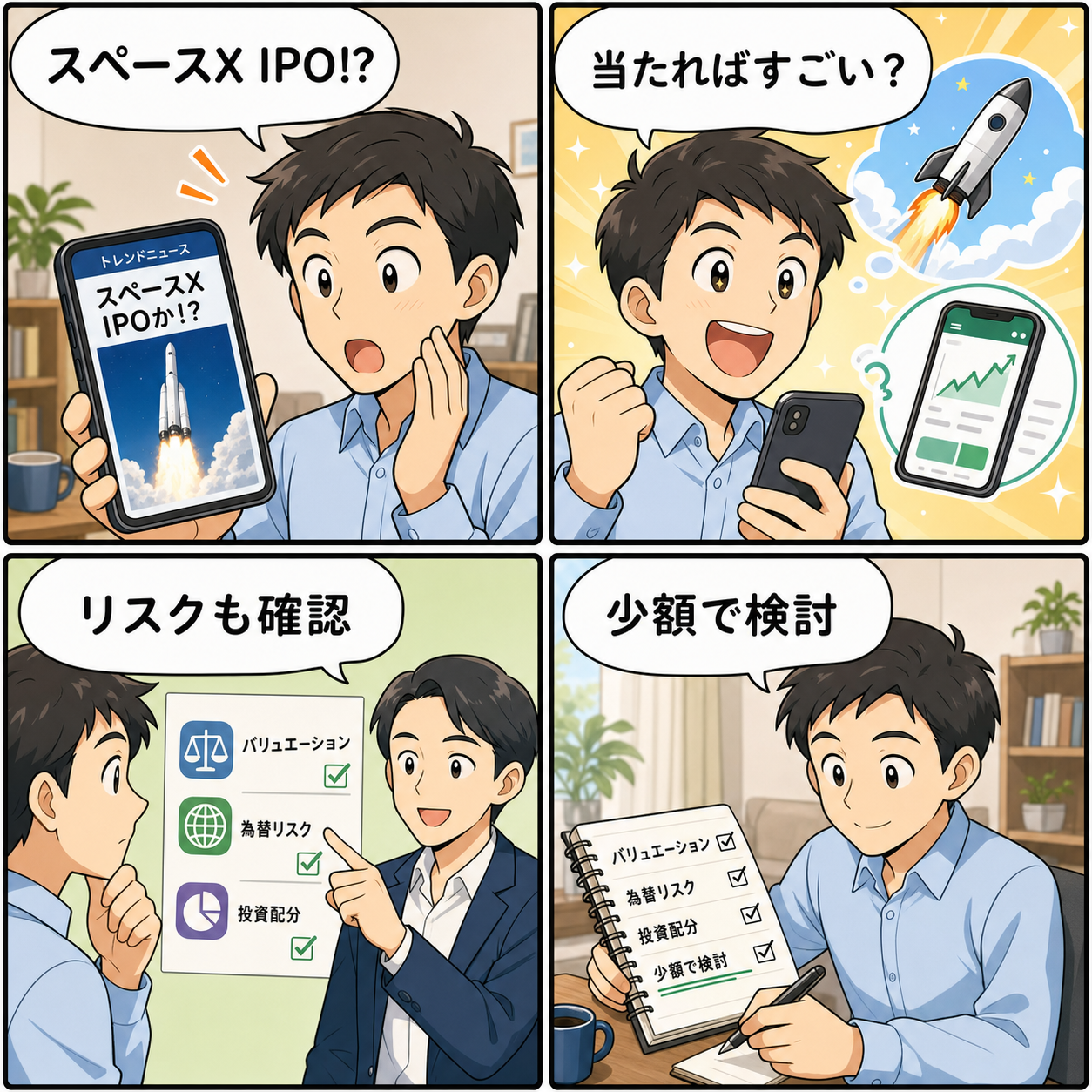 スペースX IPOを見て少額で検討する投資家の4コマ漫画