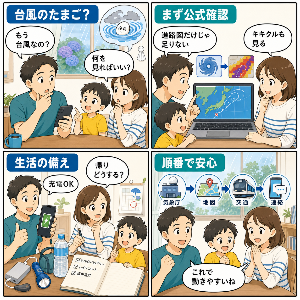 熱帯低気圧の確認ポイントを家族で話す4コマ漫画