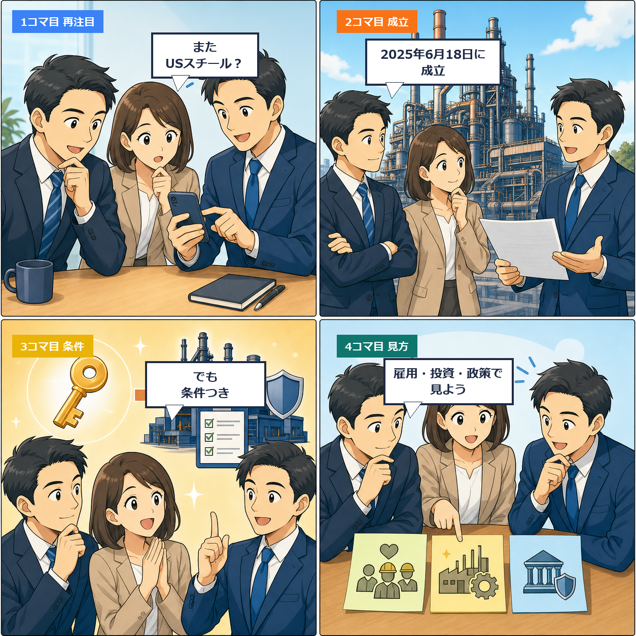 USスチール買収の論点を整理する4コマ漫画