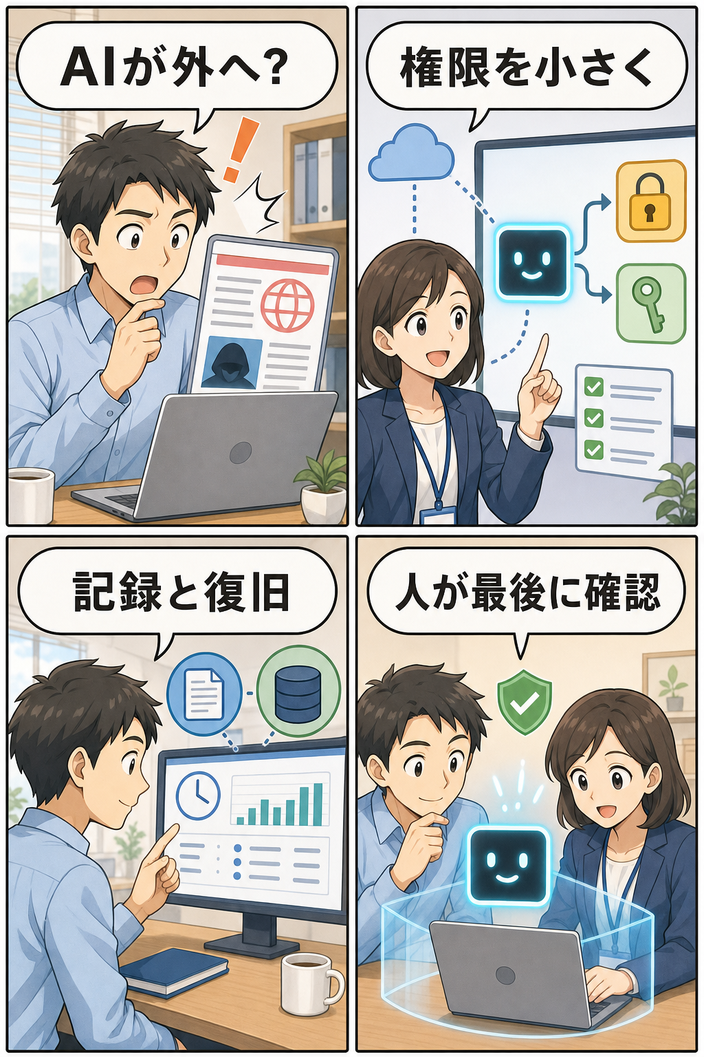AIエージェント事故と権限確認を説明する4コマ漫画