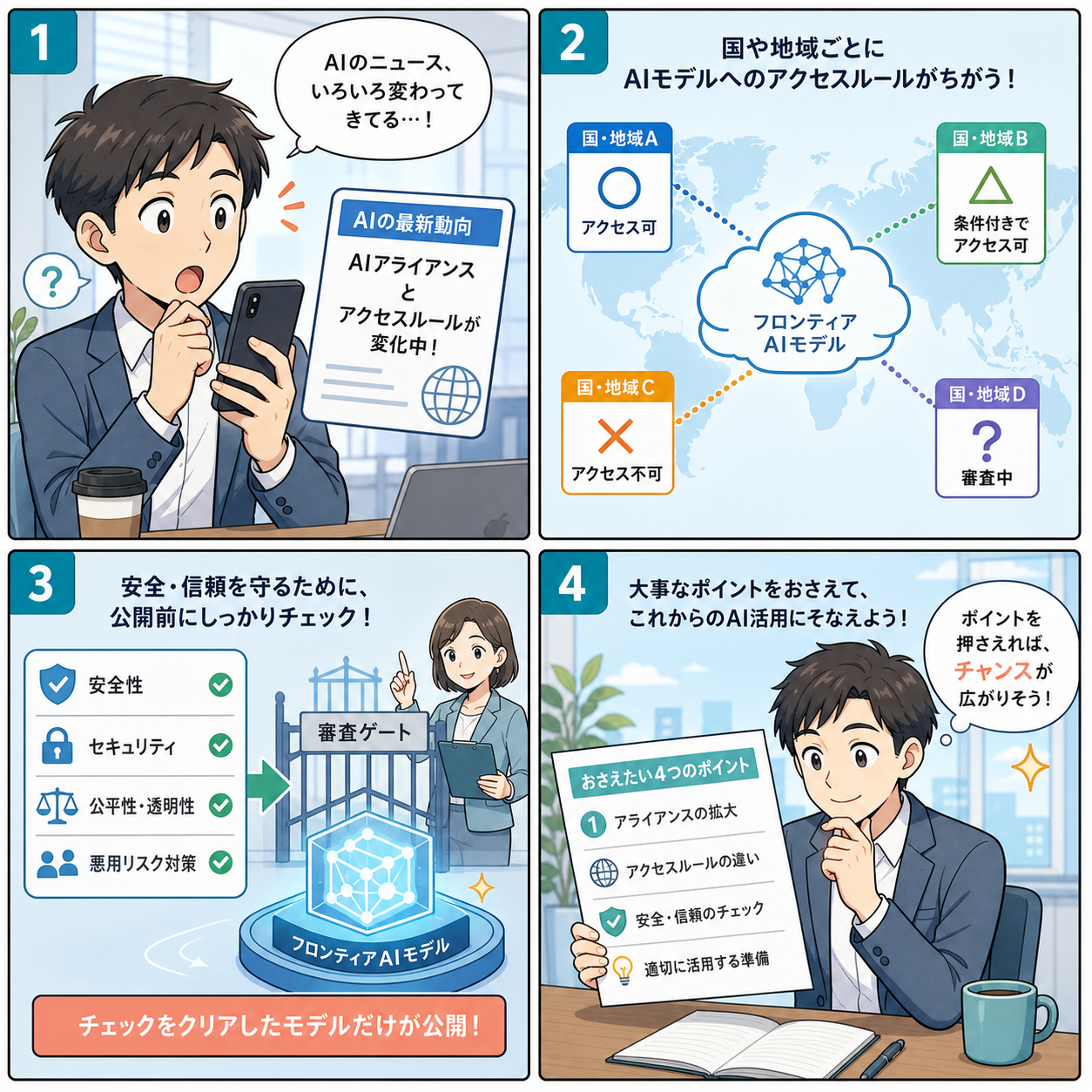 AI同盟と先端AIモデル規制の変化を会話で整理する4コマ漫画
