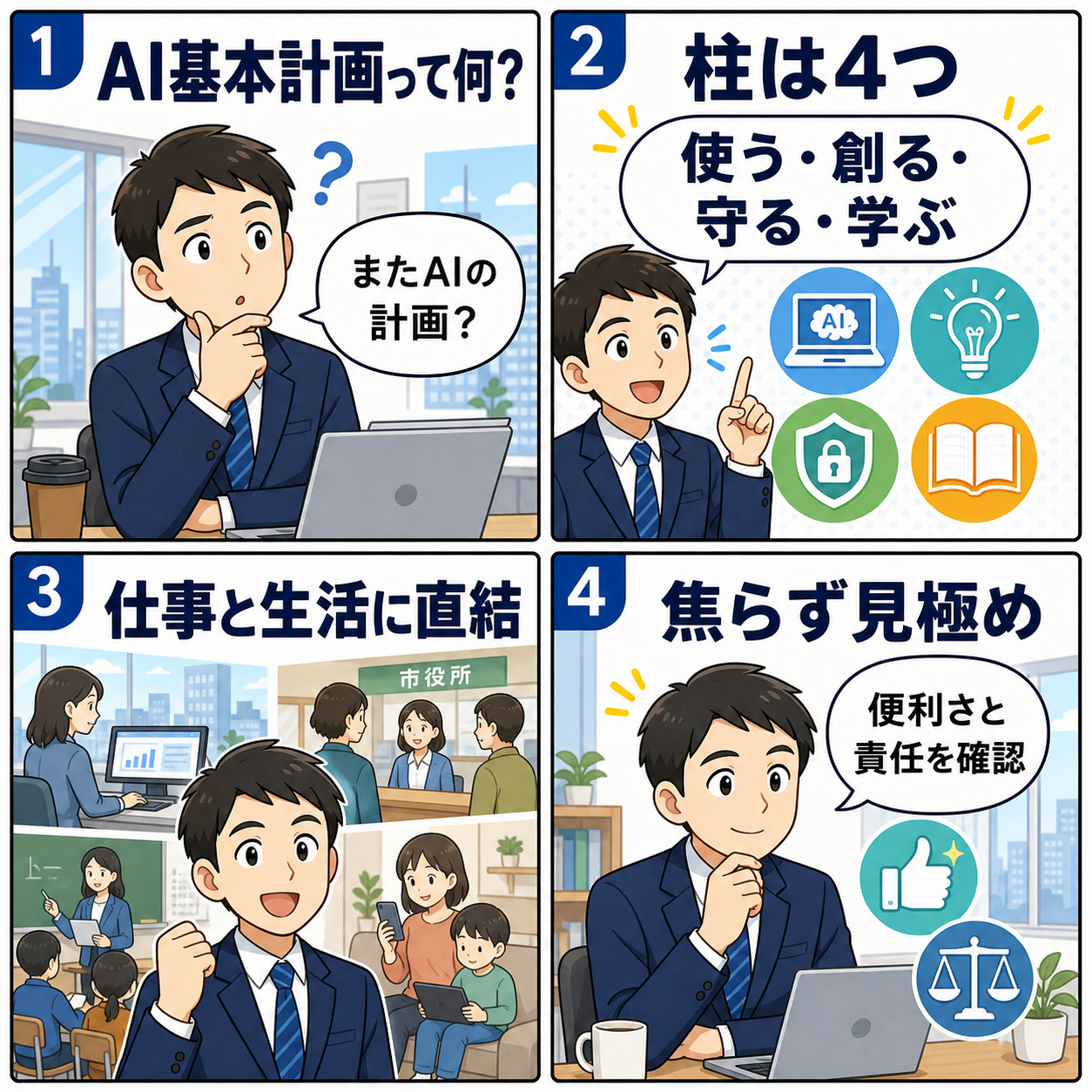 第2期AI基本計画の4つの柱を生活者目線で整理した4コマ漫画