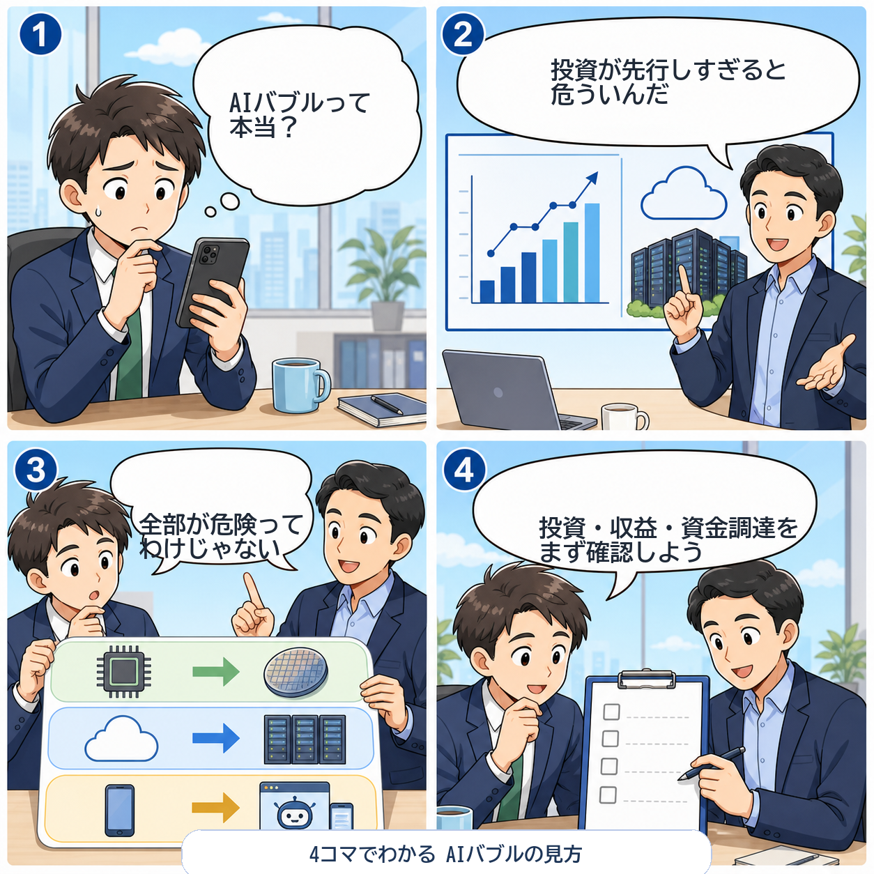 4コマ漫画:AIバブルとBIS警告の見方を整理する