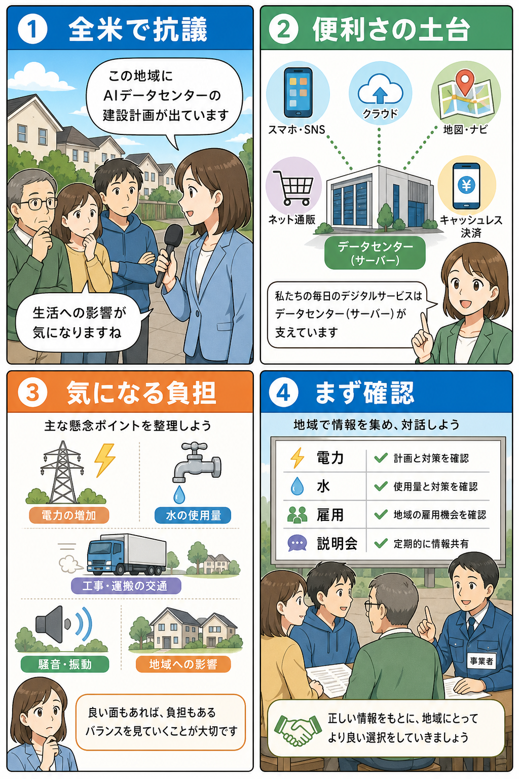 AIデータセンター抗議の論点を4コマで整理したイラスト