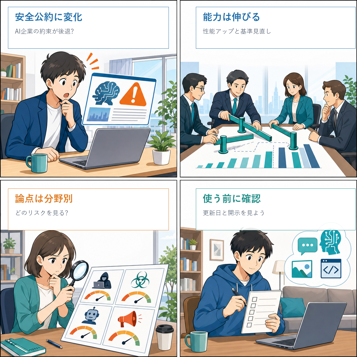 AI安全公約後退の論点を会話で整理する4コマ漫画