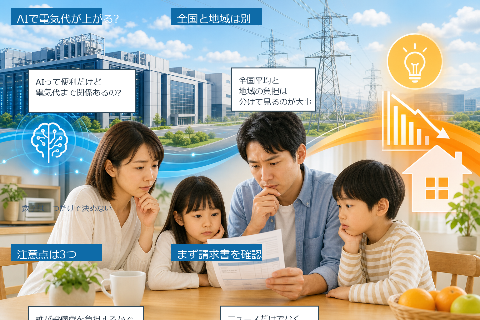 AIデータセンターと電気代の関係をやさしく整理する4コマ漫画
