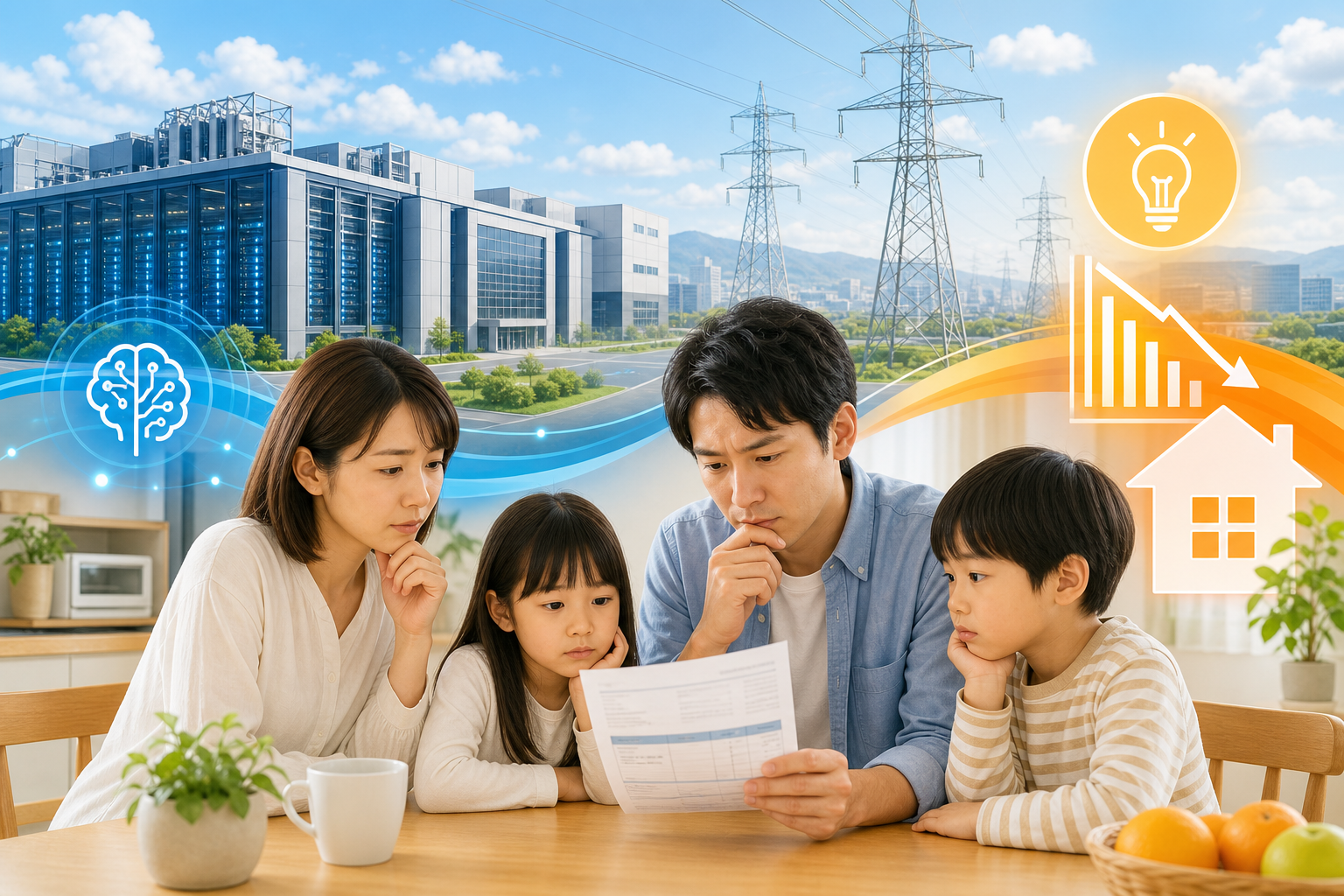 AIデータセンターと家庭の電気代の関係を表したアイキャッチ画像