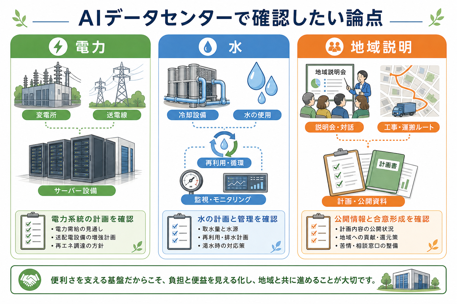 AIデータセンターを巡る電力・水・地域説明の論点を整理した図