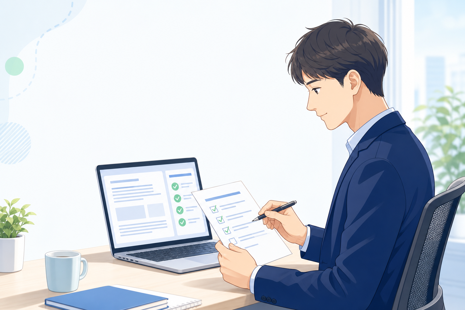 AI出力をチェックリストで確認する会社員のイメージ