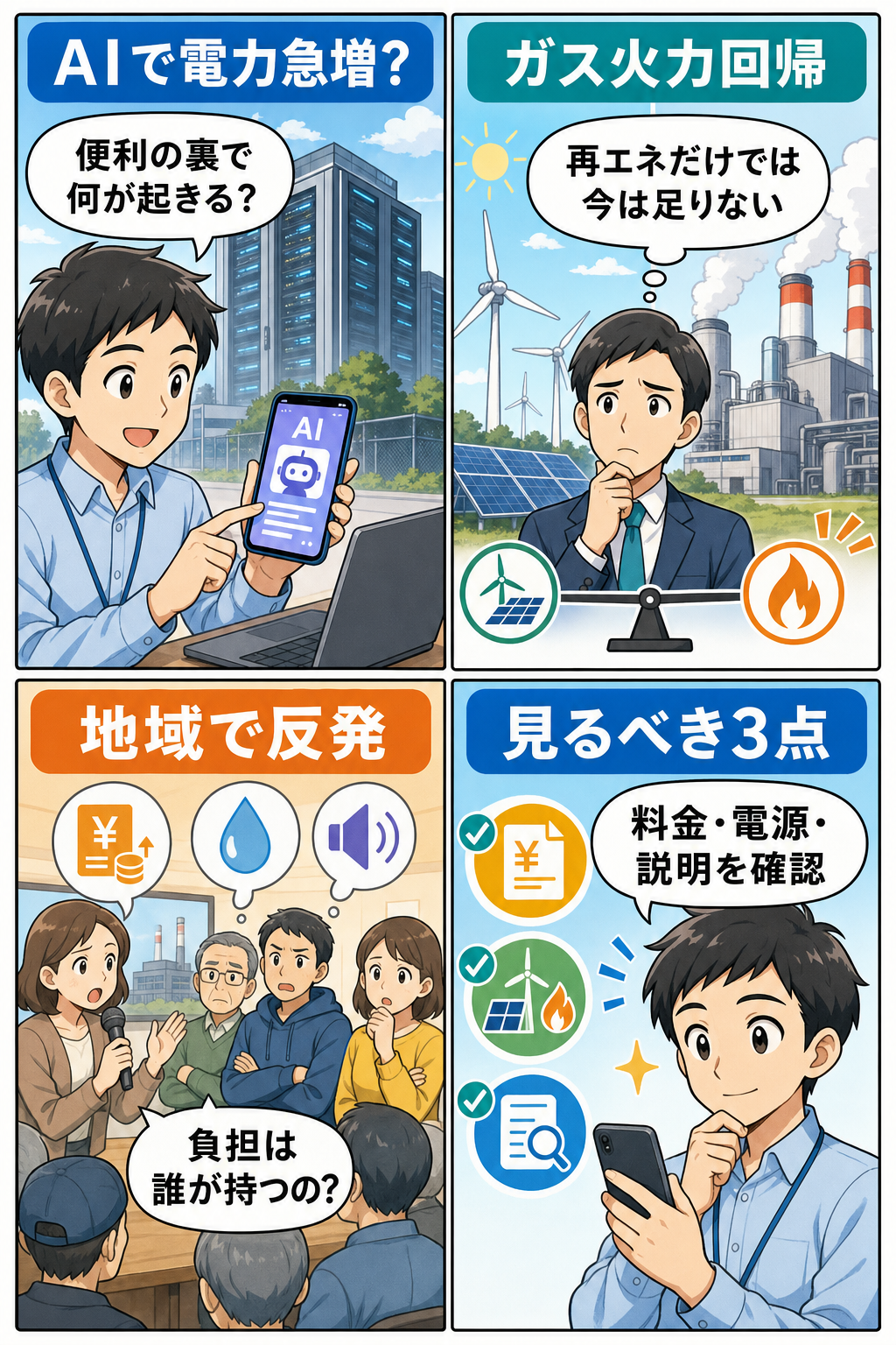 AIデータセンターの電力問題を4コマで整理した図解