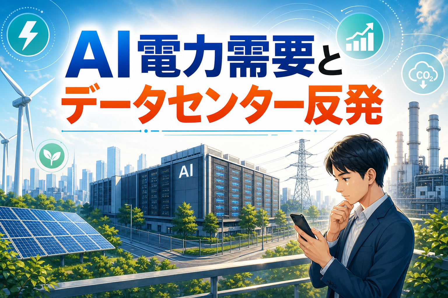 AIデータセンターと電力問題を表すアイキャッチ