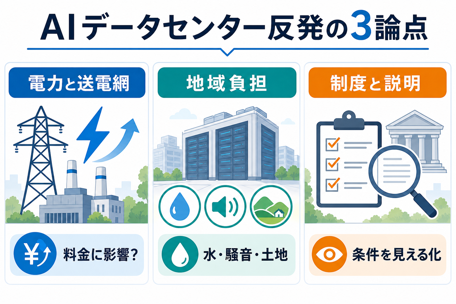 AIデータセンター反発の論点を電力・地域負担・制度で示した図