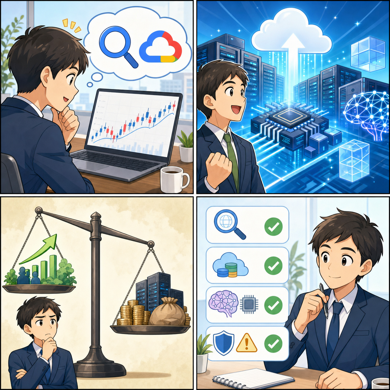 Alphabet株価とGoogle決算の見方を示す4コマ漫画
