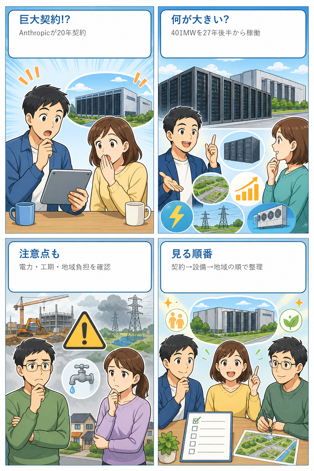 AnthropicのAIデータセンター契約をニュース、利点、注意点、確認事項で整理した4コマ漫画
