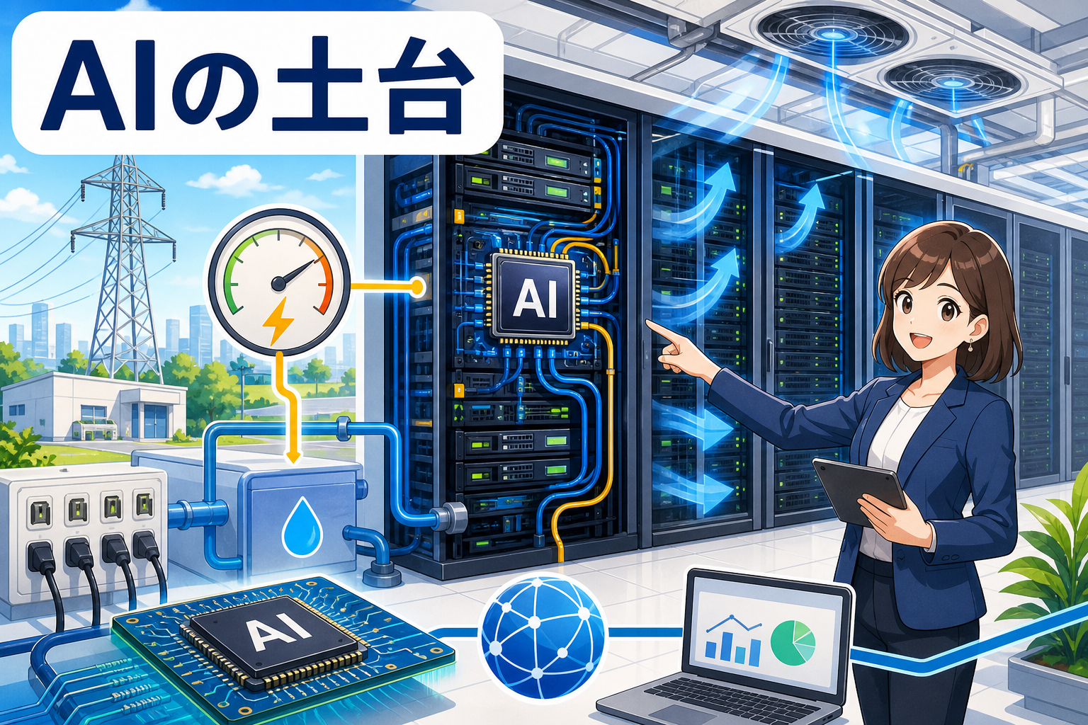 AIの計算基盤を支えるチップと電力とネットワークの図解