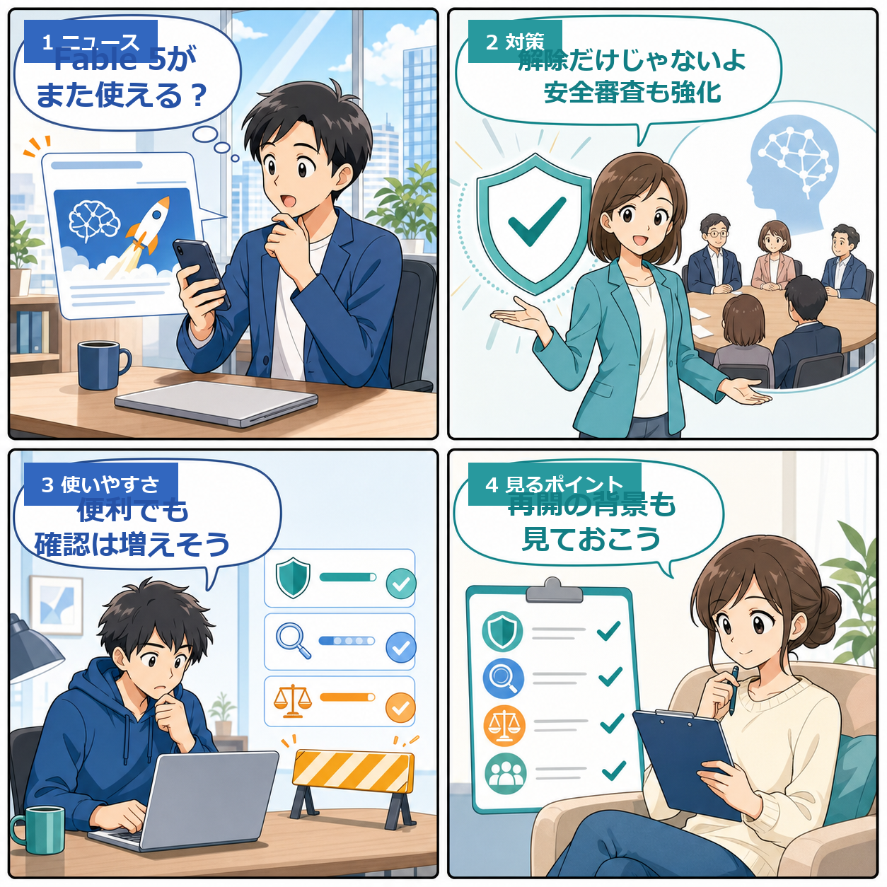 AnthropicのFable 5再開と安全審査を会話で整理する4コマ漫画