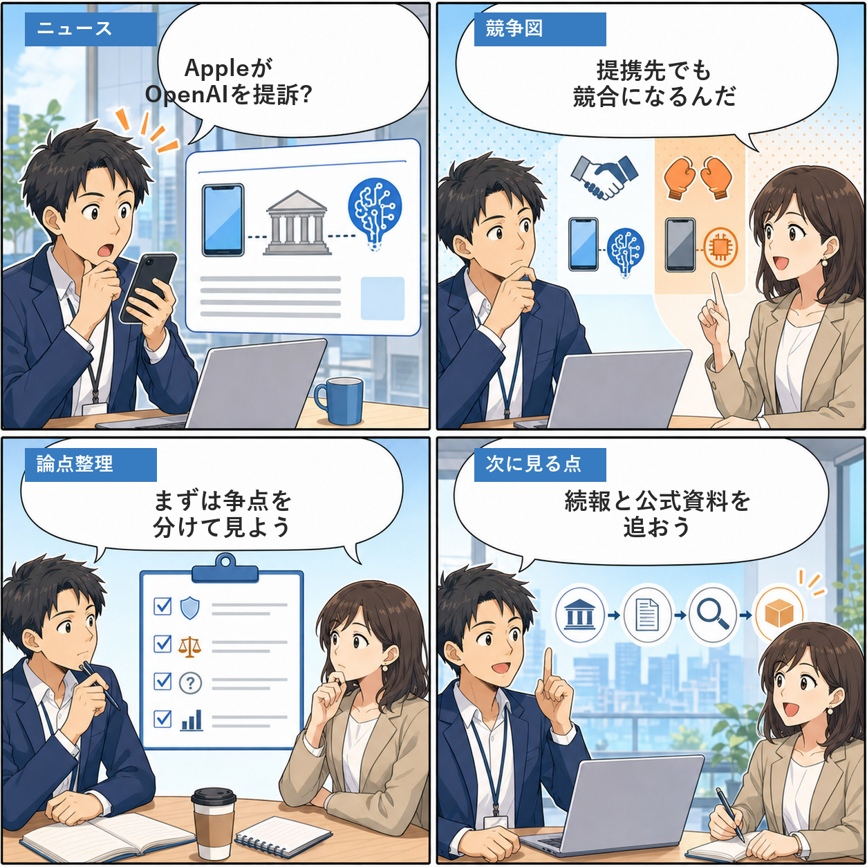AppleとOpenAI訴訟報道の論点を話す4コマ