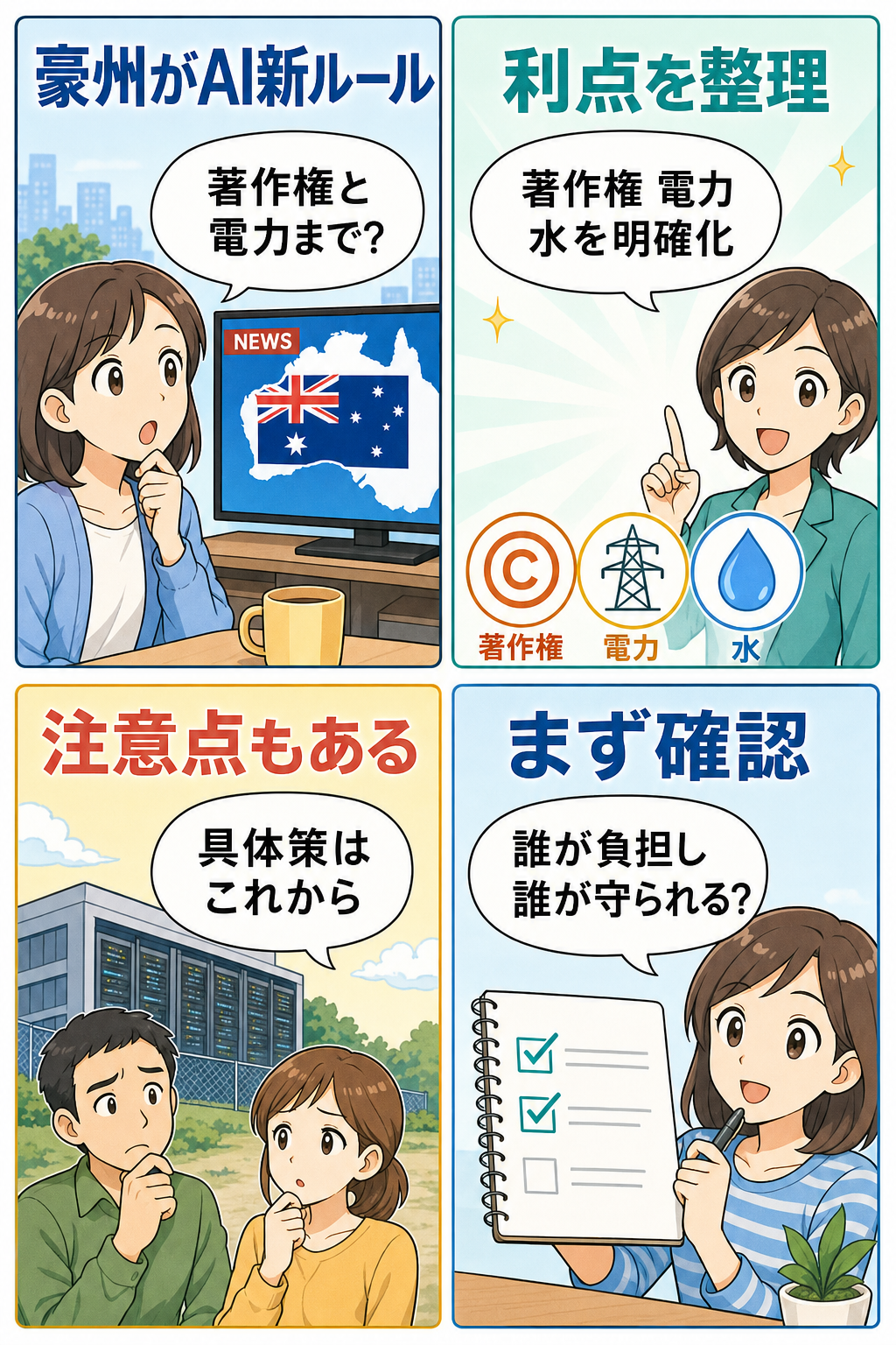 豪州のAI新方針を4コマで整理したイラスト