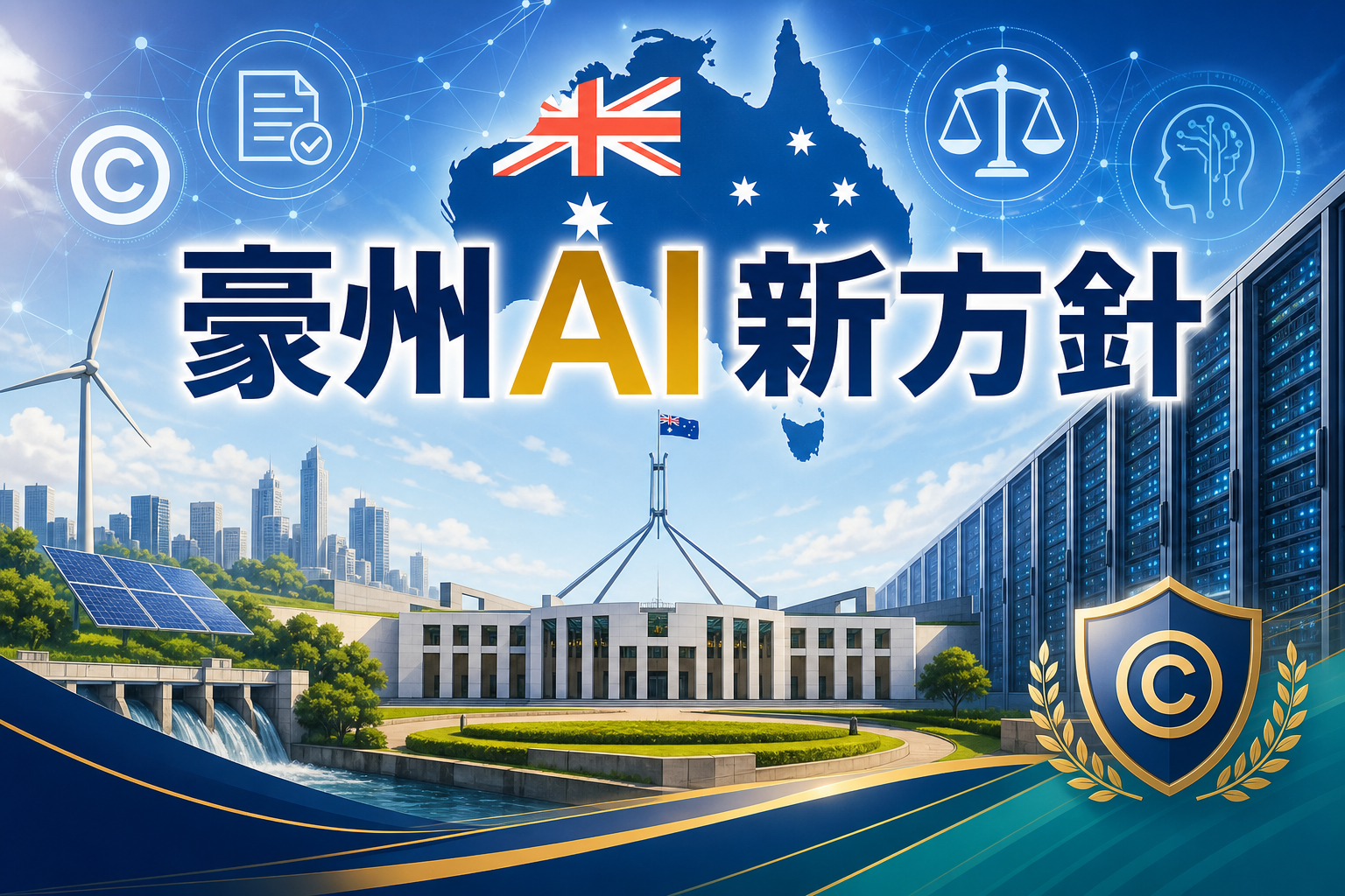 豪州のAI新方針を示すオフィスとデータセンターのイメージ