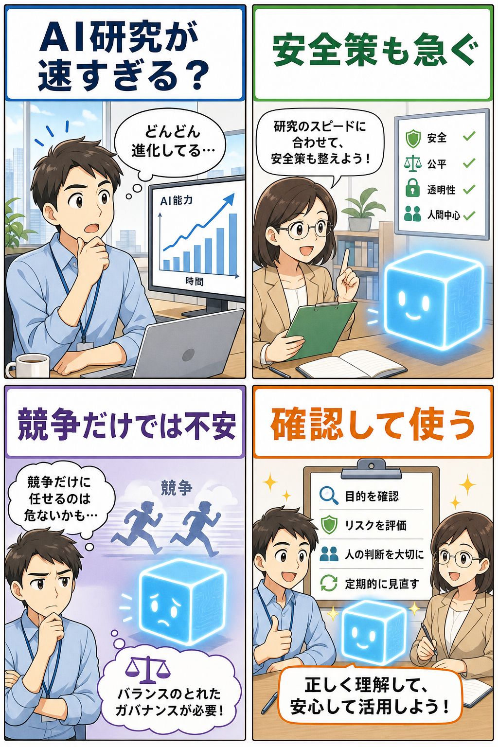 AI研究の速度と安全策を4コマで説明する漫画