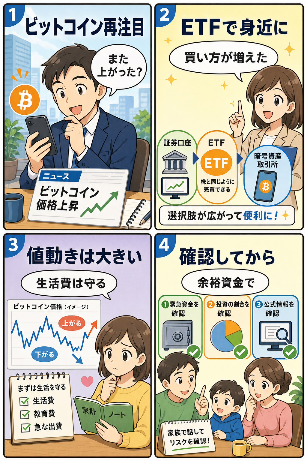 ビットコイン再注目と家計リスクを説明する4コマ漫画