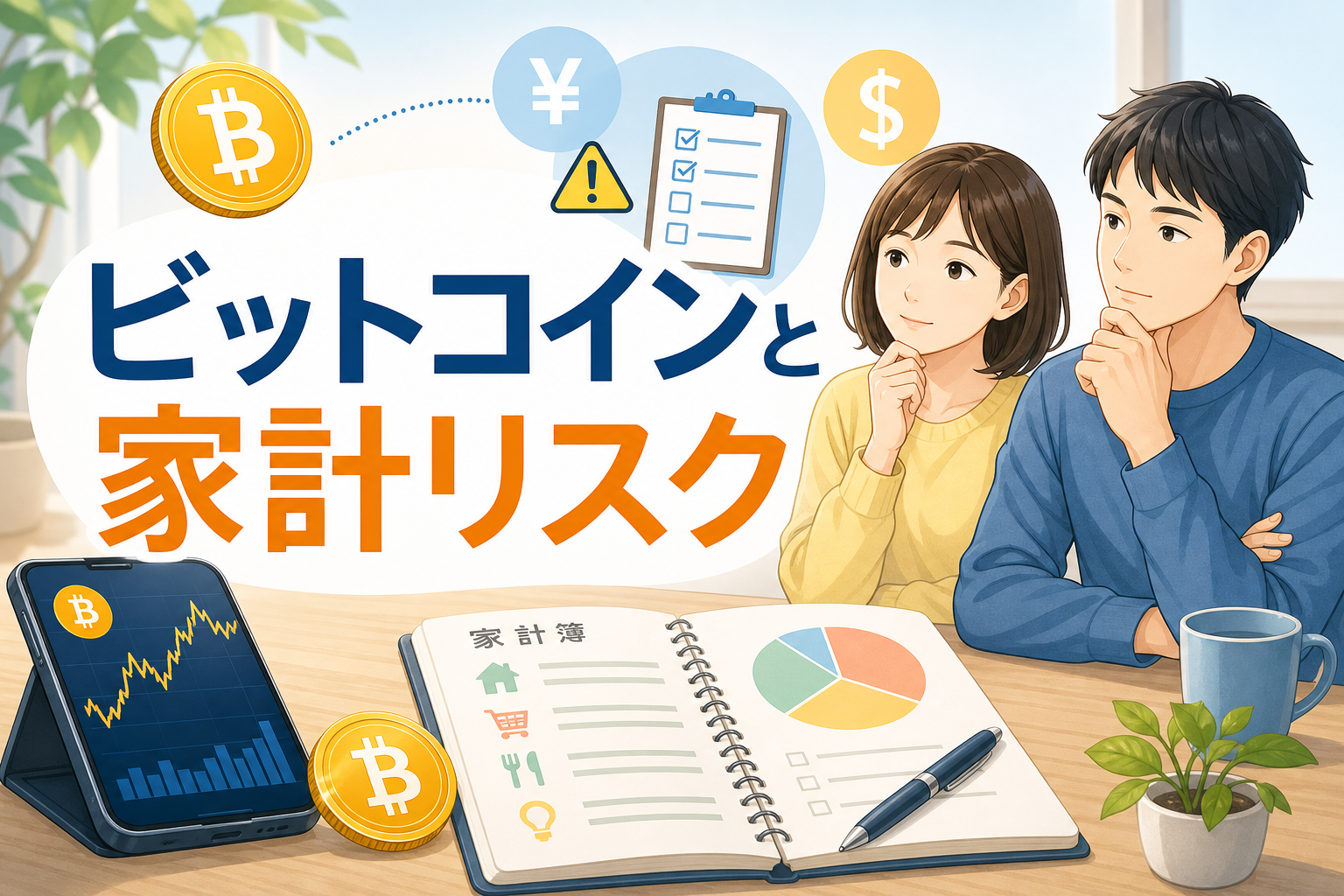 ビットコインと家計リスクを確認する読者と家計簿