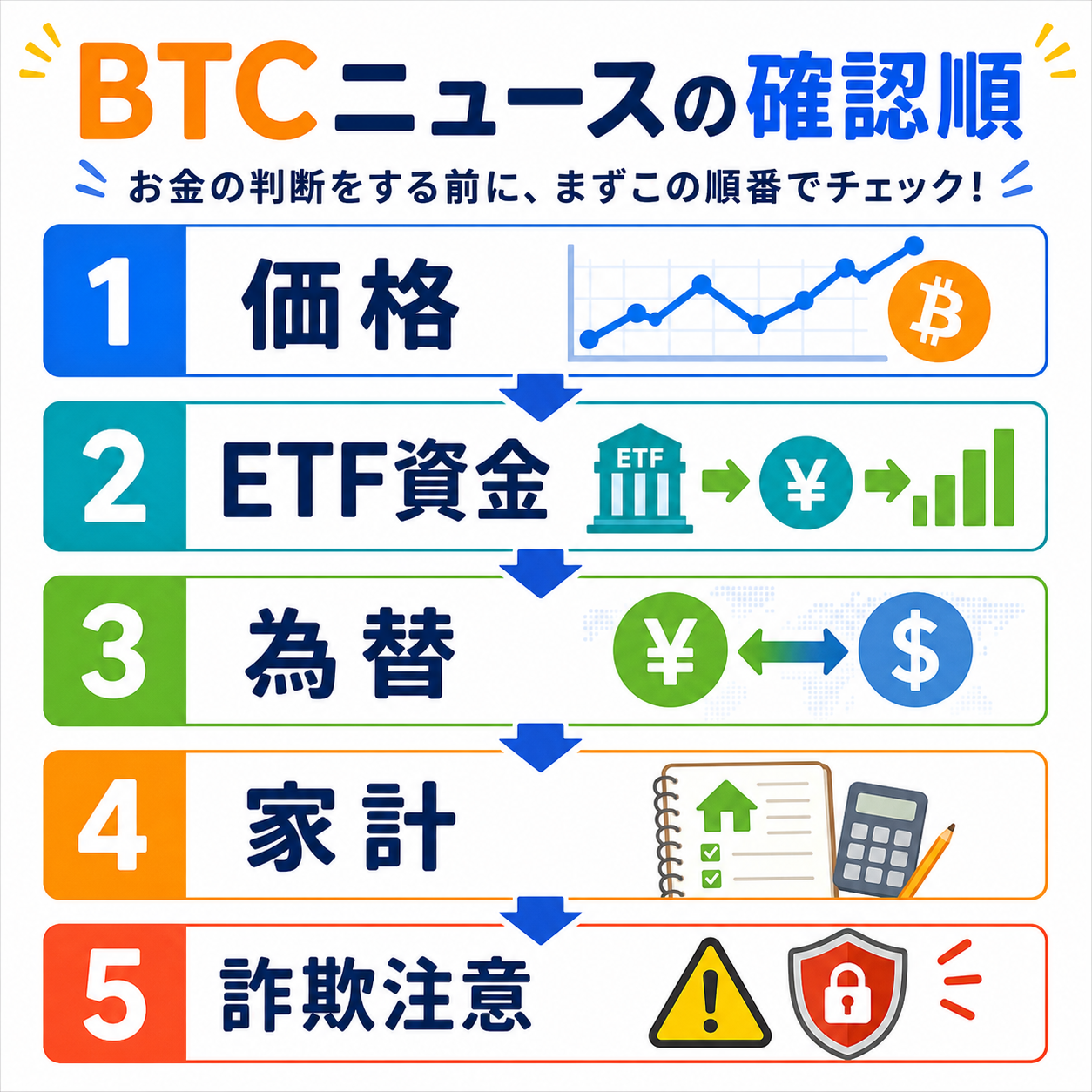 ビットコインニュースを価格、ETF資金、為替、家計、詐欺注意の順に確認する図解