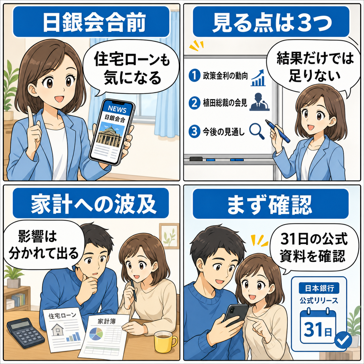 日銀会合前に確認したい論点を生活者目線で整理した4コマ漫画